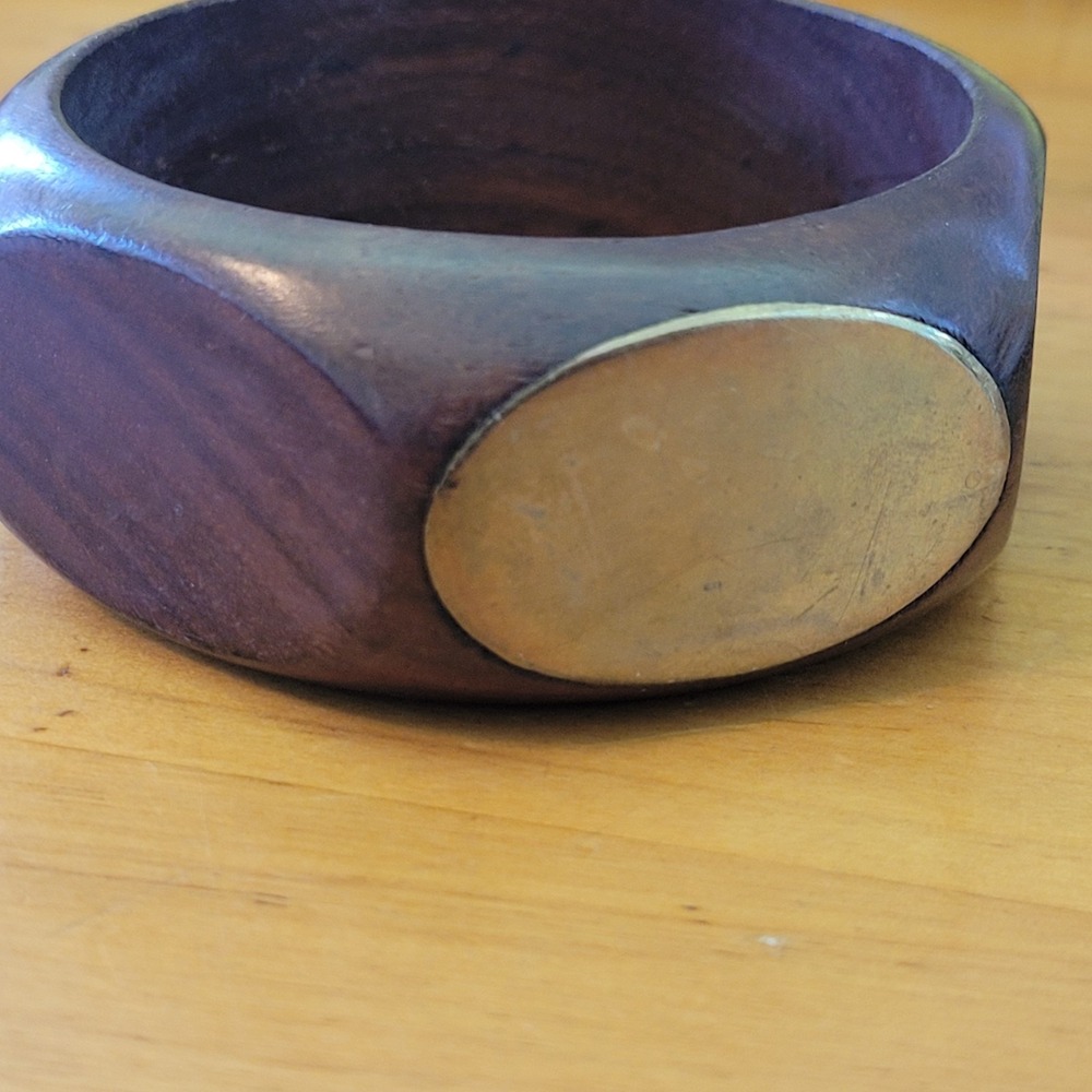 Vintage Chunky Wood Brass Inlay Bangle Bracelet Wide Modernist 50g